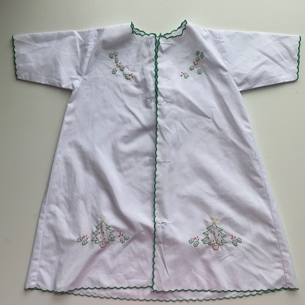 White Kids Holiday Nightgown with Green Trim